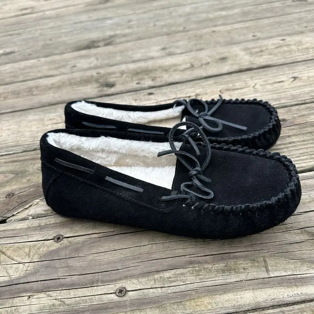 Minnetonka Moccasins Womens Size 9 Black Suede Faux Fur Fuzzy Slip On Loafers